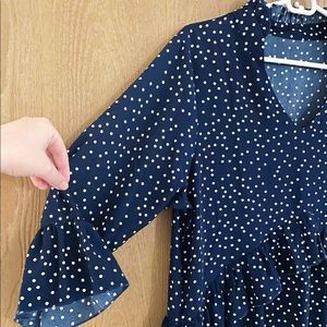 navy casual ruffle dress with polka dots